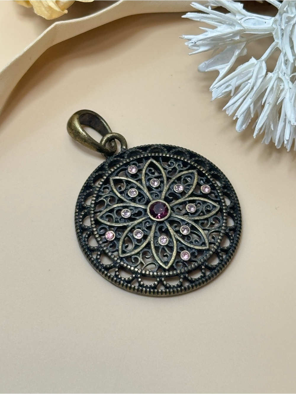 Vintage Filigree Floral Pendant Pink Rhinestones Antiqued Gold Tone